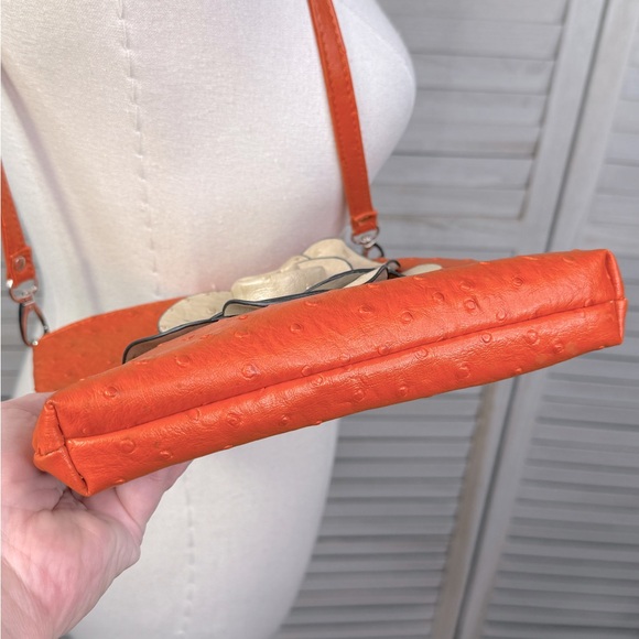 Faux Ostrich Leather Crossbody Purse Orange with Tan Flower - Picture 4 of 8